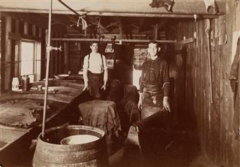 (LEATHER WORKERS) A suite of 12 early photographs depicting workers in a Boston, Massachusetts leather tannery, many with one leg cloth